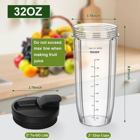 32 Ounce Blender Cups Replacement Durable With Sip And Seal Lids For Ninja Blenders Compatible With Auto IQ Series BL450 BL480 BL642 BL680 BN801 SS101 SS151 And More. Image shows a clear 32oz blender cup with measurements, black sip and seal lid.