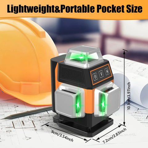 Green Laser Level Self Leveling Kit with 16 Laser Lines, 4x360 Degree Coverage, displayed next to a hard hat on a blueprint.