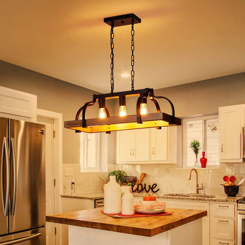 Three Light Metal Pot Hanging Chandelier With Wood Grain Finish Dope Rustic Farmhouse Ceiling Pendant For Kitchen Island And Dining Room Industrial Linear Light Fixture E26 Base Black hanging over kitchen island.