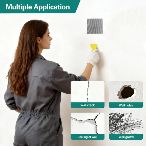 Person using Drywall Repair Kit For Large Holes And Damaged Walls 25 Piece Patch Set With Scrapers Sandpaper And Gloves Includes 2x3 4x7 6x6 8x4 Inch Patches Quick Fix For Ceiling And Bathroom Walls