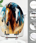 Elongated Decorative Toilet Seat for Bathroom featuring horses design, 14.5" x 18.5" size, stainless steel hinges.