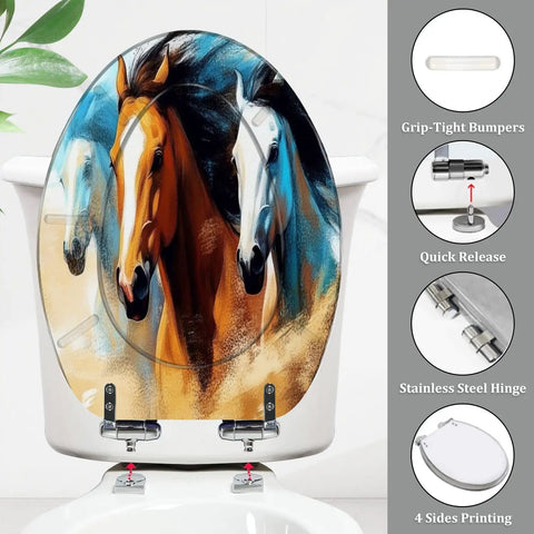 Elongated Decorative Toilet Seat for Bathroom featuring horses design, 14.5" x 18.5" size, stainless steel hinges.