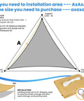 Triangle Sun Shade Sail 12 Foot By 12 Foot By 12 Foot Outdoor Patio Garden Deck Yard Canopy With Ropes Breathable Shade Blocks 95 Percent UV Rays Tear Resistant Fade Resistant Sand; installation diagram and components shown.