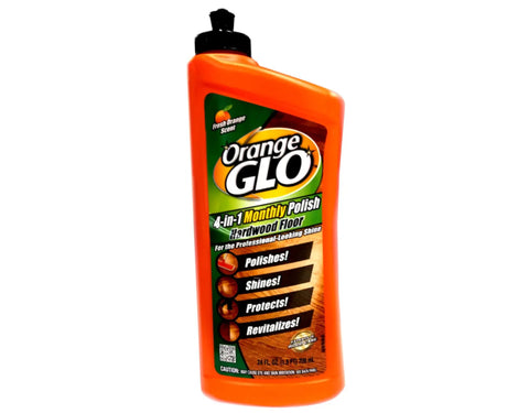 Orange bottle of 4-In-1 Hardwood Floor Polish For Monthly Clean Shine Protect And Revitalize Your Wood Surfaces Bringing Out Natural Beauty In Real Homes, 24 oz.