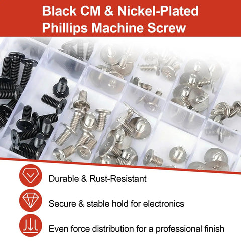 Top Shelf Computer Screws Assortment Kit Featuring 180 Nickel Plated Fasteners organized in clear box for electronics