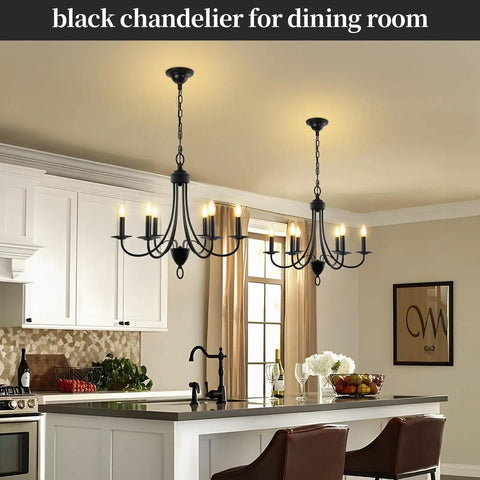 Black 6 Light Farmhouse Chandelier For Dining Room 22.4 Inch With E12 Base Industrial Ceiling Light Fixture in kitchen.