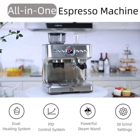 Professional Espresso Machine With Built In Grinder And 20 Bar Pressure Brings Smooth Milk Frothing Power Plus 95 Oz Tank for creamy home lattes in sleek silver.