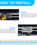 Installation steps for Dead Simple Front Bumper License Plate Bracket For Hyundai And Kia 2000 Through 2026 on car bumper.