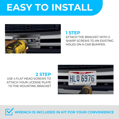 Installation steps for Dead Simple Front Bumper License Plate Bracket For Hyundai And Kia 2000 Through 2026 on car bumper.