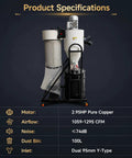 Pro Grade Cyclone Dust Collector With Dual Inlet Designed For Woodworking Shops Offers Kickass Suction And Low Buzz Motor Build To Keep Your Garage Spotlessly Clean Daily specifications including motor, airflow, noise, and bin size.