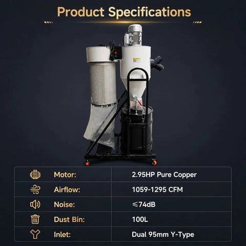 Pro Grade Cyclone Dust Collector With Dual Inlet Designed For Woodworking Shops Offers Kickass Suction And Low Buzz Motor Build To Keep Your Garage Spotlessly Clean Daily specifications including motor, airflow, noise, and bin size.