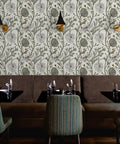 Jumbo Floral Neutral Vinyl Wallpaper With Dope Leather Texture Pattern Type Two in modern dining area with green chairs.