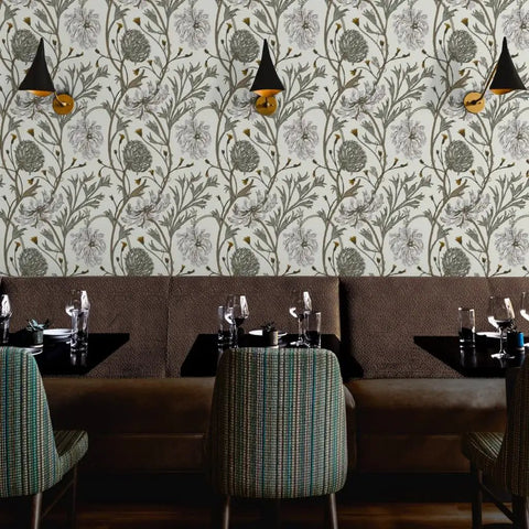 Jumbo Floral Neutral Vinyl Wallpaper With Dope Leather Texture Pattern Type Two in modern dining area with green chairs.