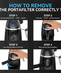 Instructions for removing portafilter from 3.5 Bar Espresso And Cappuccino Machine With Steam Wand For Quick Lattes At Home