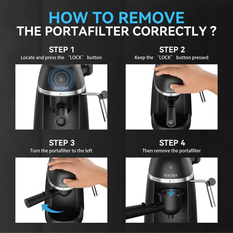 Instructions for removing portafilter from 3.5 Bar Espresso And Cappuccino Machine With Steam Wand For Quick Lattes At Home