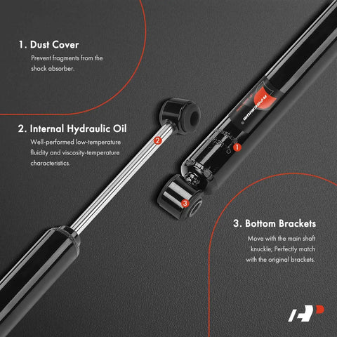 Front Steering Damper For Rough Roads And Smooth Steering No Fuss Install Durable Chevy Silverado 2500 HD 2001 To 2010 And Silverado 3500 Classic GMC Sierra 2500 HD 3500 Sierra 3500 Jeep Grand Cherokee Wrangler Cherokee, showing internal hydraulic oil, dust cover, and bottom brackets