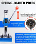 Heavy Duty Cast Iron Desktop Arbor Press Kit with spring-loaded handle for manual stamping and bending in home workshop.