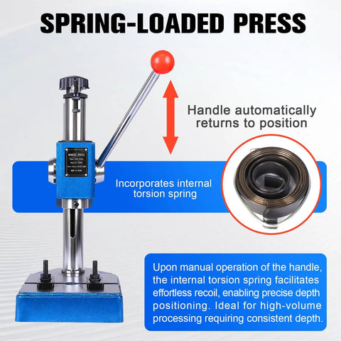 Heavy Duty Cast Iron Desktop Arbor Press Kit with spring-loaded handle for manual stamping and bending in home workshop.