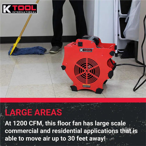 Red Beast Mode 3 Speed Floor Blower Fan Delivering 1200 CFM for Quick Drying and Ventilation, in use on tiled floor indoors.