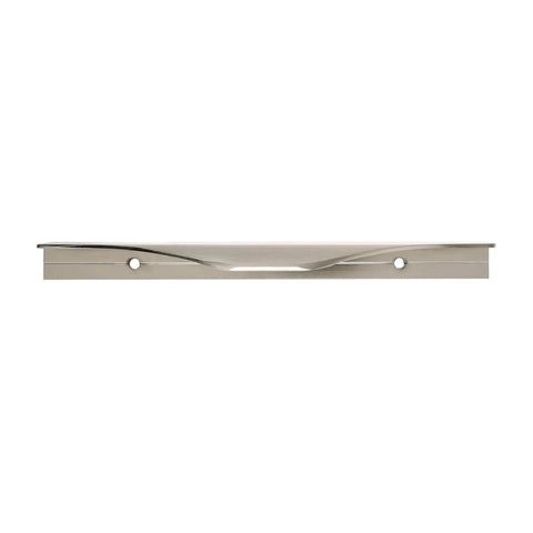 Aloft Satin Nickel Cabinet Edge Pull 4 And Nine Sixteenths Inch Center To Center Drawer Handle Aluminum Hardware front view