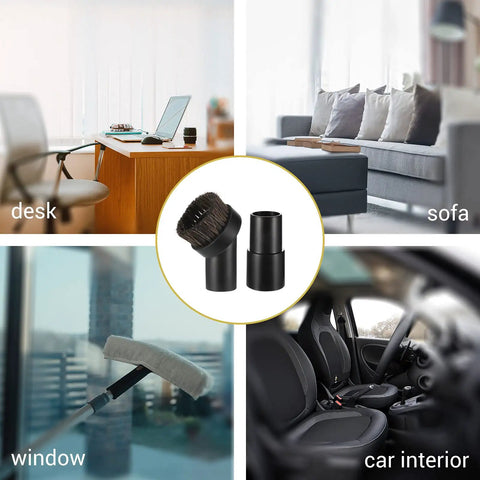 3 Pack 25 mm Vacuum Brush Heads With 1.25 To 1.38 Inch Hose Adapter in use on desk, sofa, window, and car interior