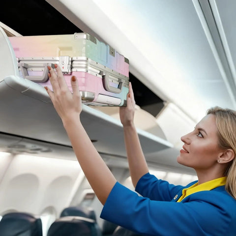 Flight attendant placing colorful Go To 20 Inch Carry On Luggage With Spinner Wheels And USB Port in overhead compartment
