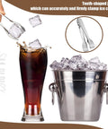 Four Piece Ice Tongs And Scoop Set For Ice Bucket Kit showing tongs lifting ice cubes into a drink next to a filled ice bucket