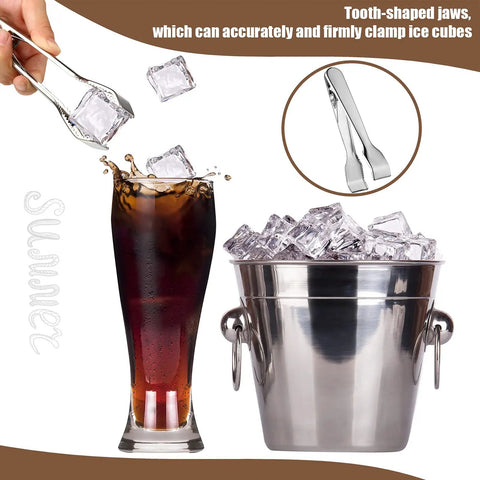 Four Piece Ice Tongs And Scoop Set For Ice Bucket Kit showing tongs lifting ice cubes into a drink next to a filled ice bucket