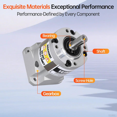 YEJMKJ 50:1 planetary gearbox for NEMA 17 stepper motor, silver metal body, side view