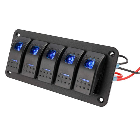 5-gang 12-24V LED Backlit Rocker Switch Panel Kit With Aluminum Dash Mount Prewired For Boats Cars UTVs RVs And Marine Lighting
