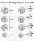 Disco Ball CZ Stud Earrings Set Four Pairs In 3mm 4mm 5mm And 6mm Sizes Hypoallergenic Titanium Cubic Zirconia Balls Sparkle For Everyday Vibe Wear Solo Or Stacked Jewelry. 316L stainless steel 3mm-6mm stud set