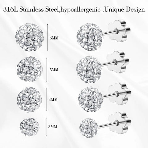 Disco Ball CZ Stud Earrings Set Four Pairs In 3mm 4mm 5mm And 6mm Sizes Hypoallergenic Titanium Cubic Zirconia Balls Sparkle For Everyday Vibe Wear Solo Or Stacked Jewelry. 316L stainless steel 3mm-6mm stud set