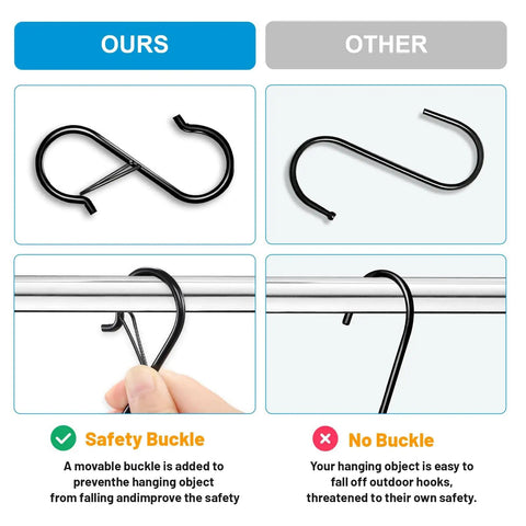 Comparison of 17 Pack S Hooks With Safety Lock Clip, 3.5 Inch Stainless Steel S Shaped Locking Hooks and regular hooks on rods