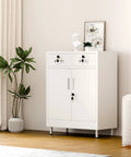 Front view of Built Tough Metal Storage Cabinet With Locking Doors And Two Drawers Lockable Cabinet With Adjustable Shelf For Home Office Garage Entryway Pantry White Finish.