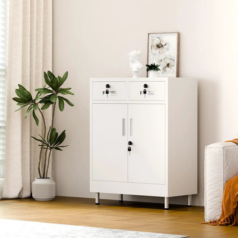 Front view of Built Tough Metal Storage Cabinet With Locking Doors And Two Drawers Lockable Cabinet With Adjustable Shelf For Home Office Garage Entryway Pantry White Finish.