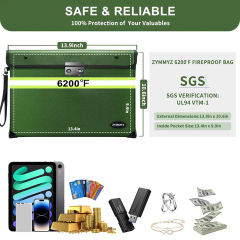 Heavy Duty Fireproof And Waterproof Document Pouch With Lock For Safely Stashing Cash Jewels And Important Papers, 13.9x10.6 inch, green.