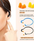 Silicone Ear Plugs With Corded Design For Sleep Shooting Travel And Work Site Hearing Protection Reusable Inner Aural Ear Plugs Includes 18 Pairs Of Replacements Soft Washable For All Day Comfort And Noise Reduction, shown in use with black cord.