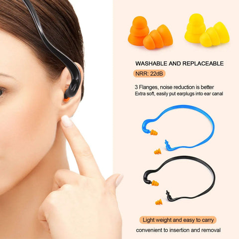 Silicone Ear Plugs With Corded Design For Sleep Shooting Travel And Work Site Hearing Protection Reusable Inner Aural Ear Plugs Includes 18 Pairs Of Replacements Soft Washable For All Day Comfort And Noise Reduction, shown in use with black cord.