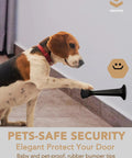 Heavy Duty 3 Inch Door Stop With Built To Last Solid Zinc Die Cast Construction And Soft Bumper Tips Black Door Stopper Pack Of 5 For Home Office And Garage Doors That Swing Shut in use with dog touching.