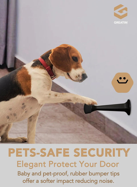 Heavy Duty 3 Inch Door Stop With Built To Last Solid Zinc Die Cast Construction And Soft Bumper Tips Black Door Stopper Pack Of 5 For Home Office And Garage Doors That Swing Shut in use with dog touching.