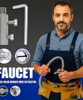 Man holding faucet with Multifunction Broken Pipe Extractor Set For Damaged Bolts Faucets And Stripped Threads Pipe Screw Remover.