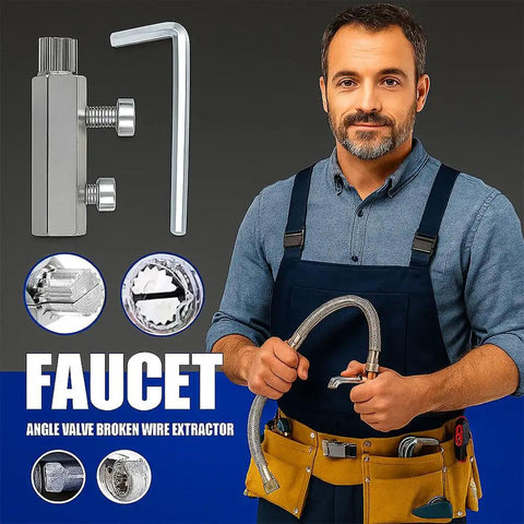Man holding faucet with Multifunction Broken Pipe Extractor Set For Damaged Bolts Faucets And Stripped Threads Pipe Screw Remover.