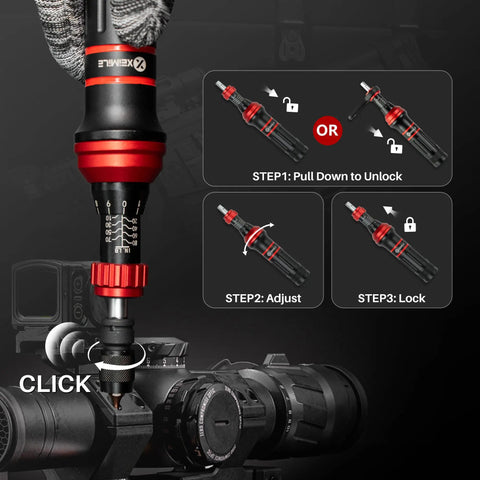 52 Piece Torque Wrench And Screwdriver Set With One Quarter Inch Drive, dual range adjustment close-up, black and red color