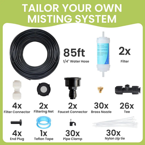 Outdoor Misting System For Patio And Garden 85Ft With 26 Brass Nozzles And Water Filter components layout image
