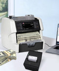Premium Money Counter Machine For Mixed Denomination Bills, Multi Currency Support For Usd Euro Cad MxN With Advanced CishuvirMGmt Security Detection in a retail setting.
