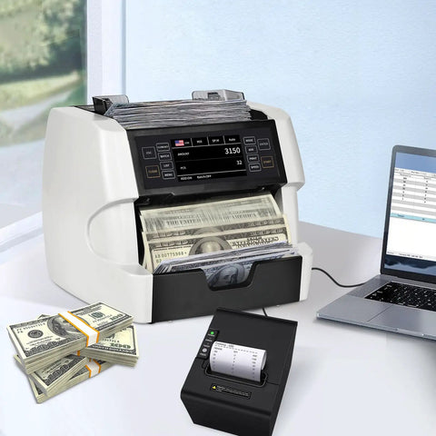 Premium Money Counter Machine For Mixed Denomination Bills, Multi Currency Support For Usd Euro Cad MxN With Advanced CishuvirMGmt Security Detection in a retail setting.