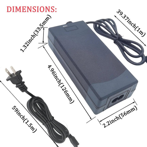 42V Electric Scooter Charger 2A 4 Prong Connector Replacement For 42V Batteries 120W Output with dimensions labeled