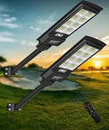 Outdoor view of Two Pack 4200W Solar Street Lights Outdoor Waterproof With Motion Sensor And Dusk To Dawn, 6500K Daylight White