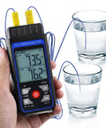 Handheld dual-channel K/J thermocouple thermometer with four yellow probes and blue backlit display