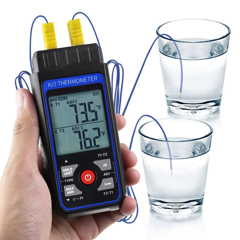 Handheld dual-channel K/J thermocouple thermometer with four yellow probes and blue backlit display